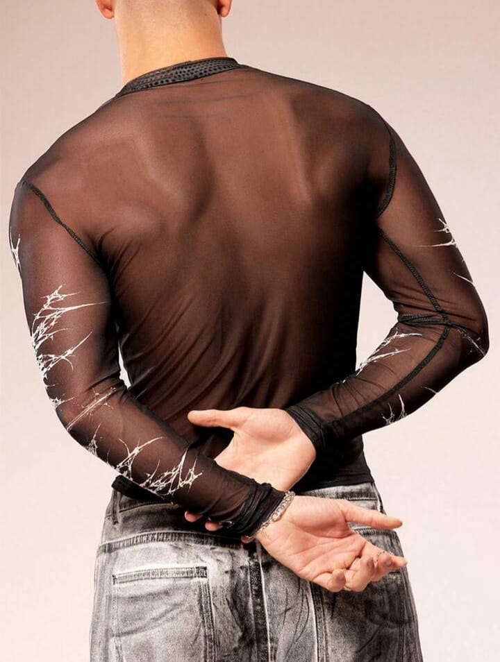 Men's Slim Fit Sheer Round Neck Long Sleeve Tees